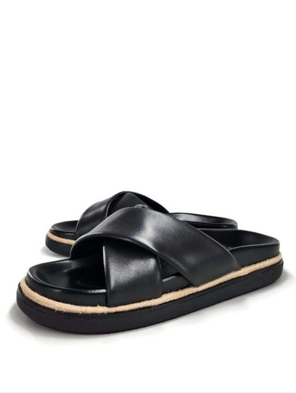 Vince Camuto Cresila Black Leather Wide Cross Straps Slide-On Flatform Sandals